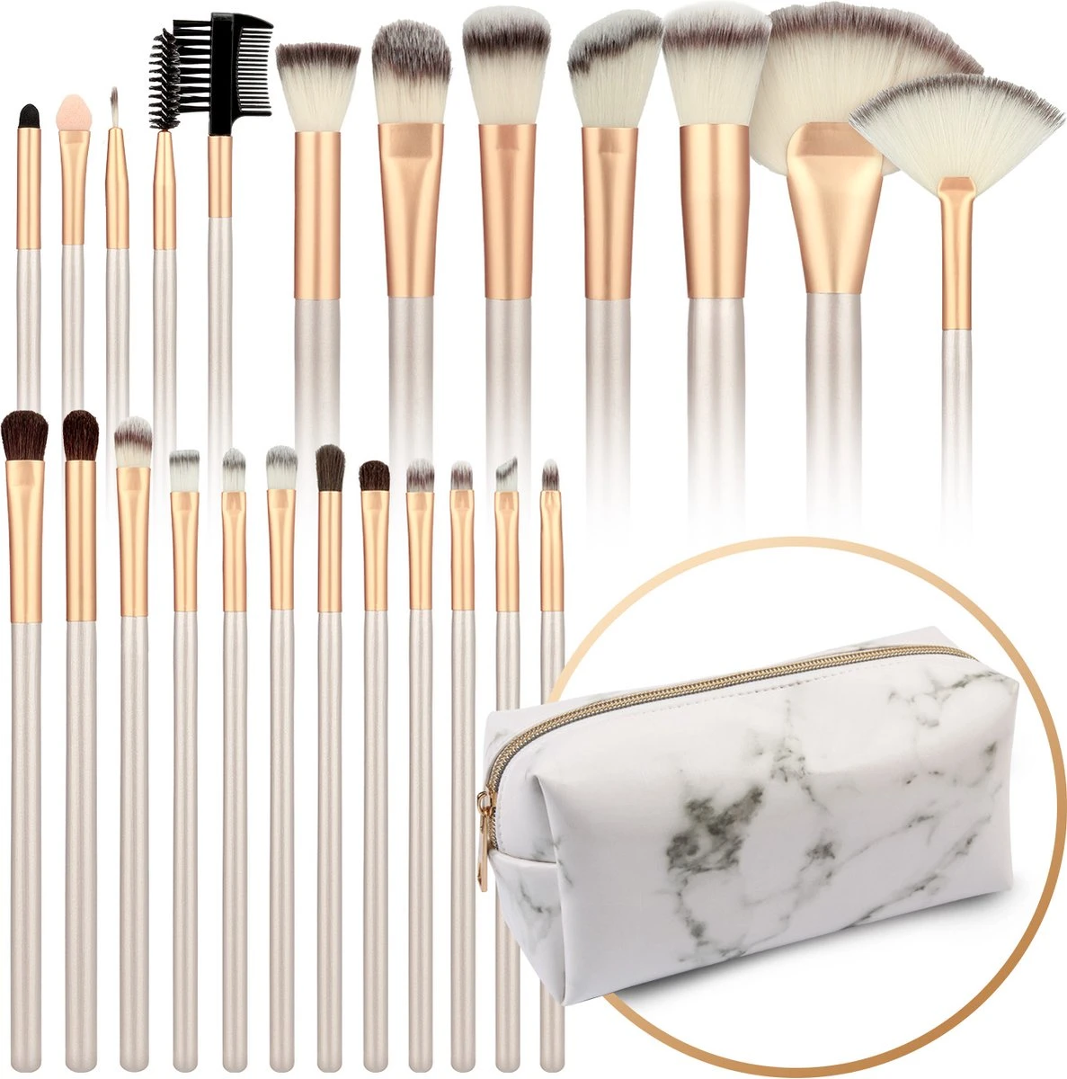 Evvie 24-delige Make-up Kwastenset - Beige/Goud - In Etui Marble 3 Evvie 24-delige Make-up Kwastenset - Beige/Goud - In Etui Marble