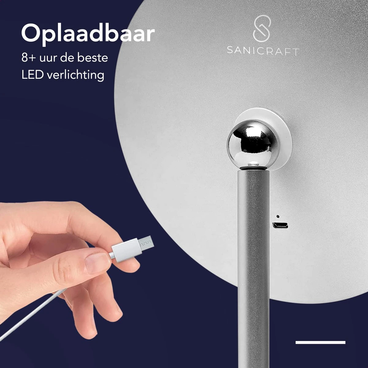 Make-up Spiegel Van Sanicraft® - USB Oplaadbaar - 360 Graden Draaibaar - Make Up Spiegel Met LED Verlichting - Afneembaar 10x Vergroting Spiegeltje - Diameter 17cm 7 Make-up Spiegel Van Sanicraft® - USB Oplaadbaar - 360 Graden Draaibaar - Make Up Spiegel Met LED Verlichting - Afneembaar 10x Vergroting Spiegeltje - Diameter 17cm - Afbeelding 5