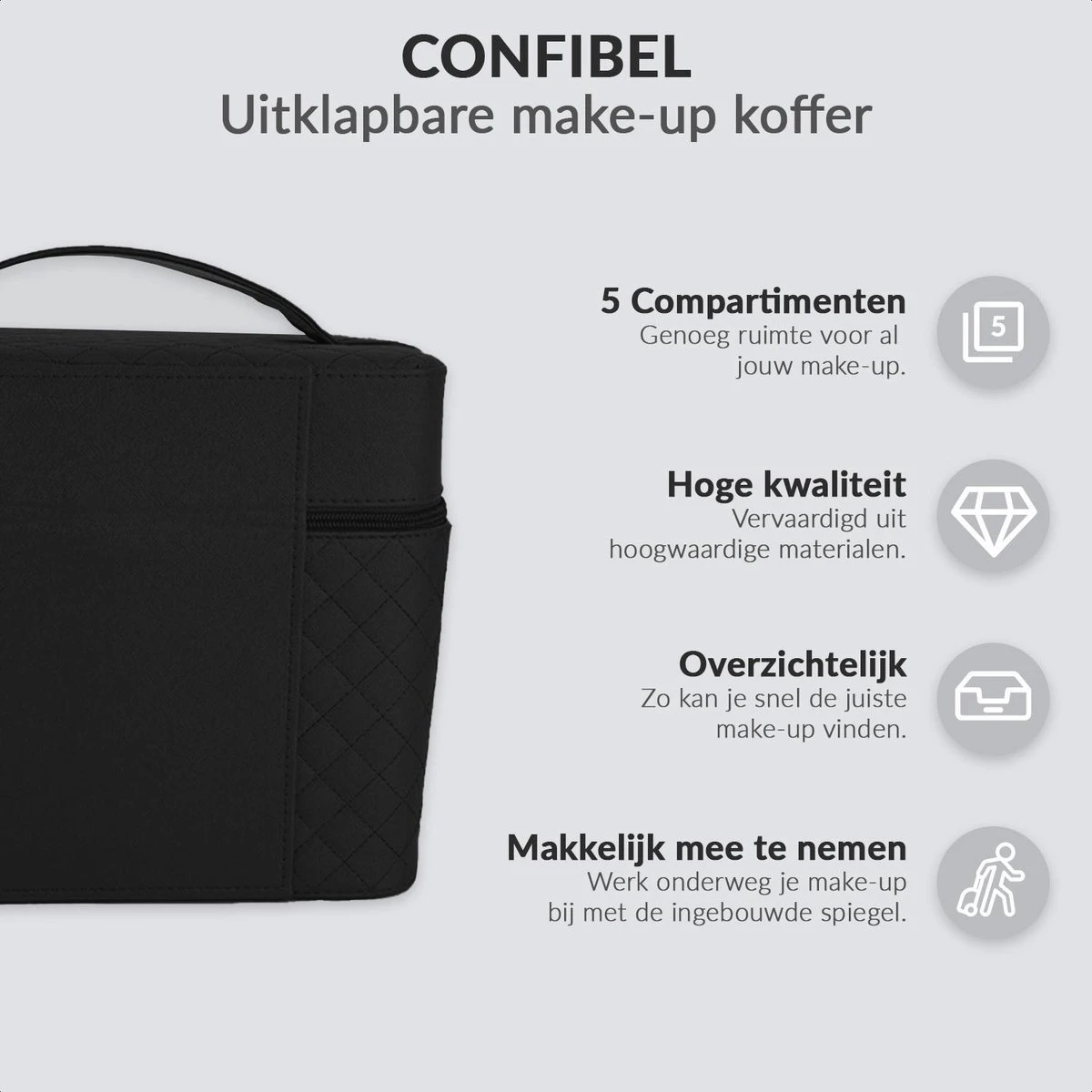 Confibel Make Up Koffer - Uitklapbaar - 5 Opbergbakken - Met Spiegel - Zwart 5 Confibel Make Up Koffer - Uitklapbaar - 5 Opbergbakken - Met Spiegel - Zwart - Afbeelding 3