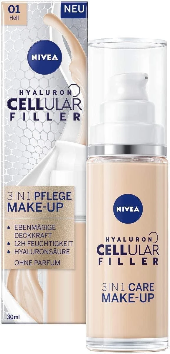 NIVEA Hyaluron Cellular Filler 3-in-1 Verzorgende Make-up #01 Licht (30 Ml), Hydraterende Foundation Met Hyaluron, Gezichtsmake-up 3 NIVEA Hyaluron Cellular Filler 3-in-1 Verzorgende Make-up #01 Licht (30 Ml), Hydraterende Foundation Met Hyaluron, Gezichtsmake-up