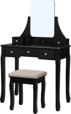 Merkloos Kaptafel, Kaptafel Met Grote Spiegel Zonder Frame, Toilettafel, Kaptafel, Voor Make-up, Gewatteerde Kruk, 5 Laden, Verplaatsbare Opbergdoos, Zwart RDT25BK -Cosmetica Winkel 747x1200 5