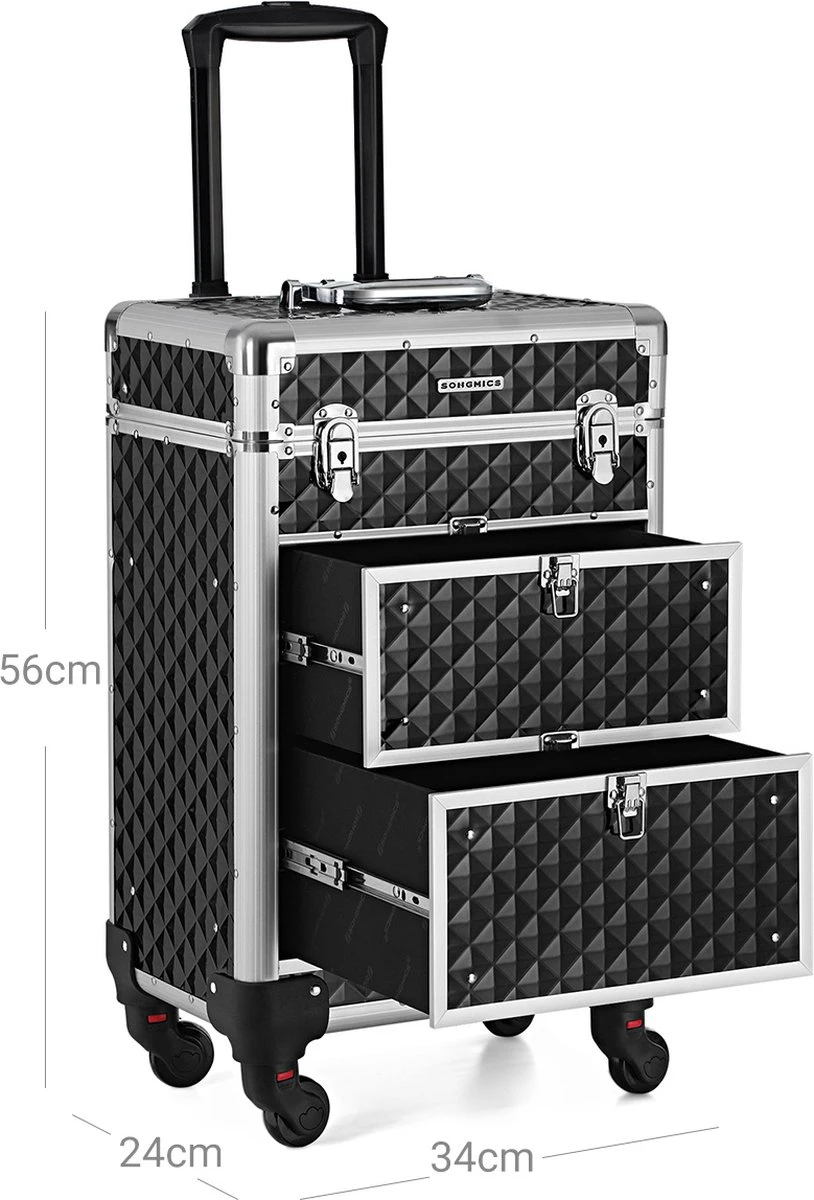 Songmics Kapperskoffer - Cosmetica Trolley - Cosmetica Koffer - Make-up Koffer - Visagie Koffer - Make Up Trolley - Op Wielen - Zwart 7 Songmics Kapperskoffer - Cosmetica Trolley - Cosmetica Koffer - Make-up Koffer - Visagie Koffer - Make Up Trolley - Op Wielen - Zwart - Afbeelding 5